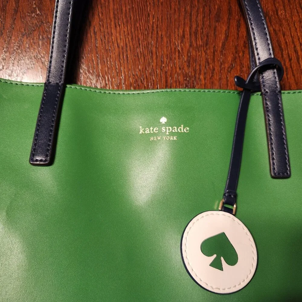 Kate Spade Tanya Tote Bag Green Leather W/ Blue Straps